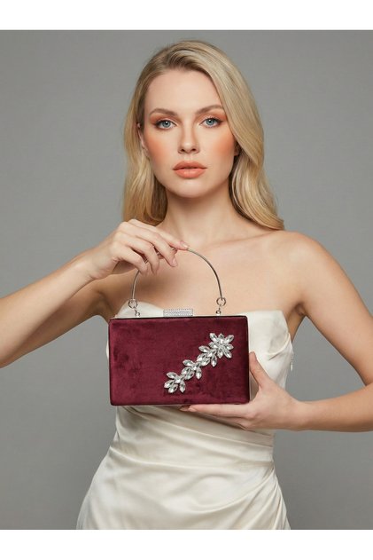 Burgundy Luxury Suede Crystal Stone Metal Handle Chain Women's Evening Dress Bag Wedding Engagement Graduation