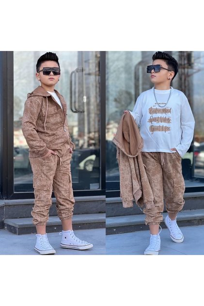 Boy's Pocket Detailed 100% Cotton 3-Piece Tracksuit Set - Hooded - Jacquard Camouflage Patterned Set