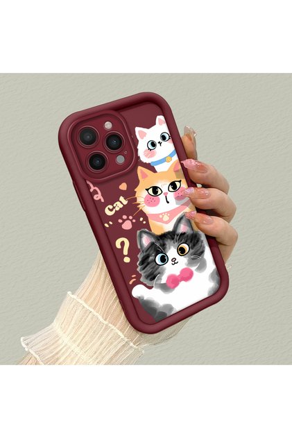 iPhone 16 Pro Max Compatible Silicone Material Shockproof Burgundy Color Case Sweet Cat