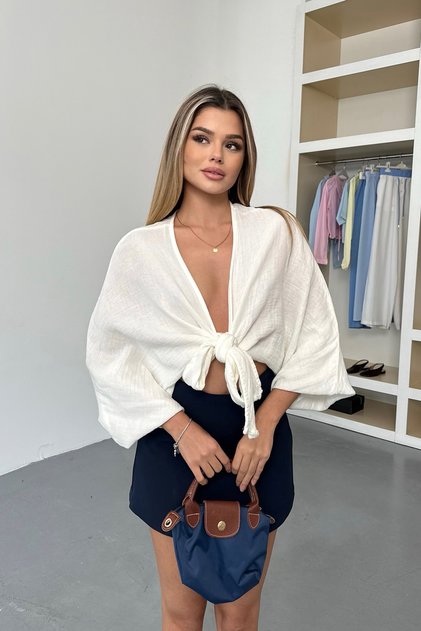 Women's Batwing Sleeve Tied Cotton Cardigan White - 26Y 1049