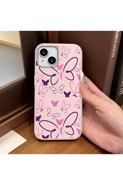 iPhone 15 Compatible Pink Leather Textured Silicone Protects Camera Shock-Absorbing Case Butterfly