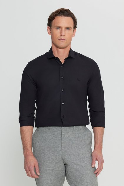 Men's Black Slim Fit Slim Fit Small Italian Collar Dobby Shirt