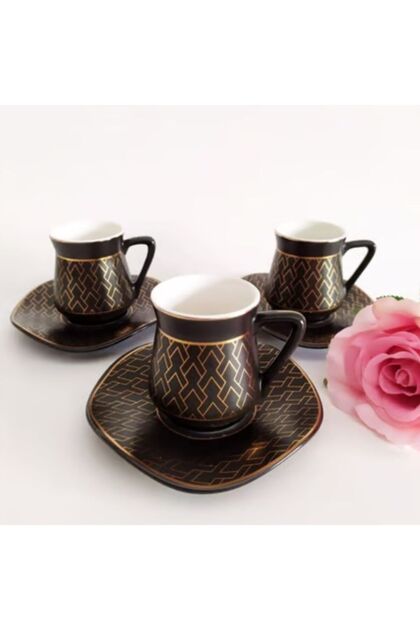 6-Piece Black Gold Patterned Porcelain Coffee Cup Set – 3 Different Pattern Options