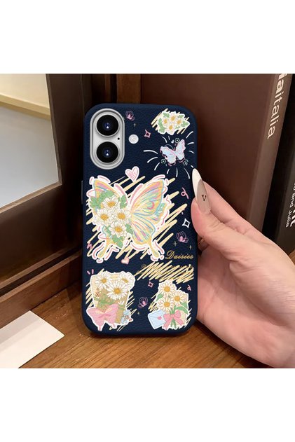 iPhone 16 Uyumlu Mavi Deri Dokulu Silikon Kamerayı Korur Şok Emici Kılıf Kelebek