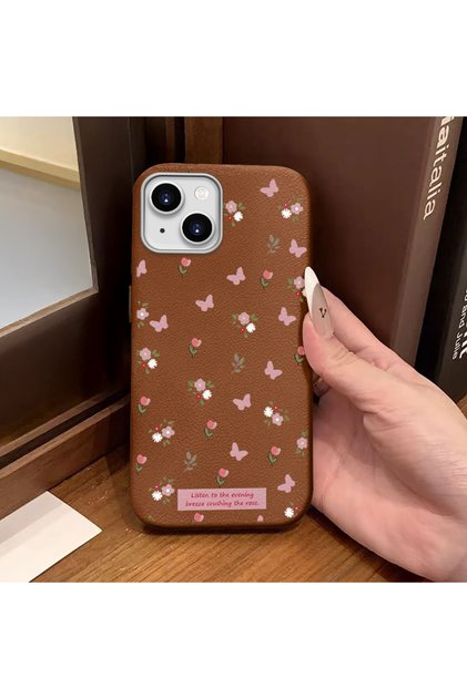 iPhone 15 Compatible Brown Leather Textured Silicone Protects Camera Shock-Absorbing Case Flower