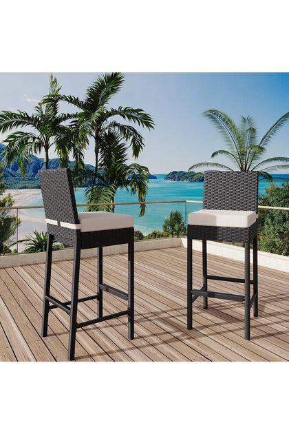 2-Pack Wicker Rattan Outdoor Barstools with Removable Cushions for Outdoor Garden & Backyard