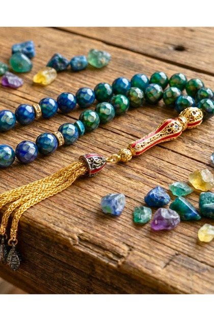 Crystal Cut His Stone Prayer Beads | Color Changing Moire Structure | Gold Tasseled and Enamelled İmameli