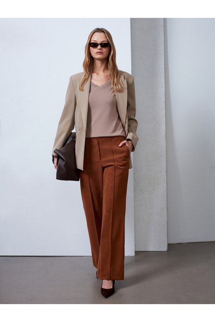 72252 Suede Look Trousers with Stitching Detail - Tan