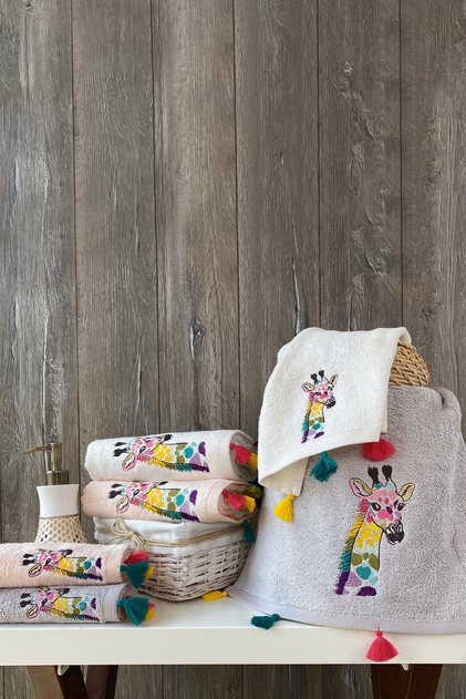 Giraffe - 70% Bamboo / 30% Cotton Embroidered Hand Towels - Set of 6 50X90