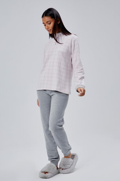Mooncover Women's Checkered Top Half Placket Buttoned Winter Pajama Set – Pink & Gray