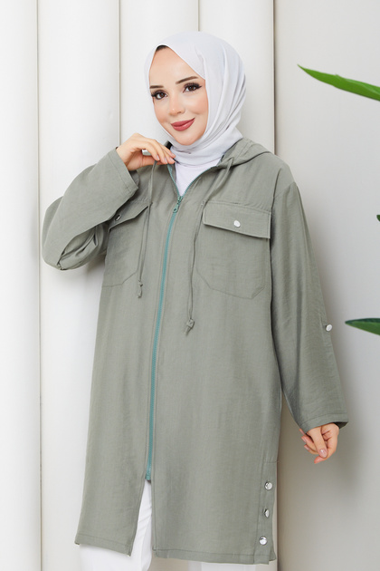 Pamuk Butik Kadın Üst Cepli Kapüşonlu Giy Çık Kap Çağla Yeşili