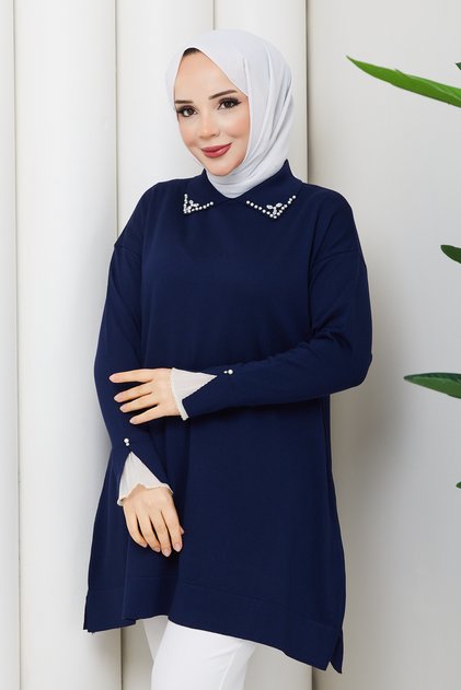 Women's Sleeve Mouth Lace Detailed Mercerized Knitwear Tunic