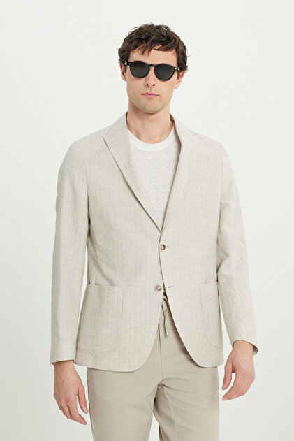 Men's Beige Linen Slim Fit Slim Fit Swallow Collar Striped Blazer Jacket with Pocket Pockets