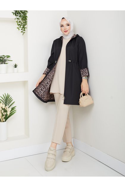 Leopard Print Inside Detail K Hooded Elastic Waist Trench Coat Mde905010