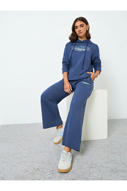 Women Navy Blue Hoodie and Wide Leg Pants Co-Ords