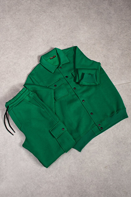 Men's 3 Thread Ş Fleece-Lined Green Open Leg K Cargo Pocket I Tracksuit Set