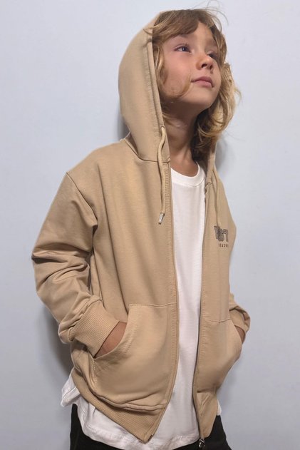 Boy's Cardigan Hooded with Print Detail on the Back, Ages 6-9, Beige