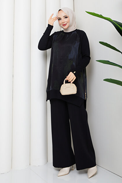 طقم تريكو ميرسيريزد مكون من قطعتين مع بنطلون حرير كوبرا للنساء