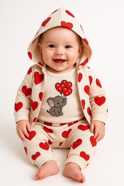 Baby Girl 3-Piece Cardigan Set with Hooded Elephant Embroidered Hearts, Top and Bottom Set, Cotton