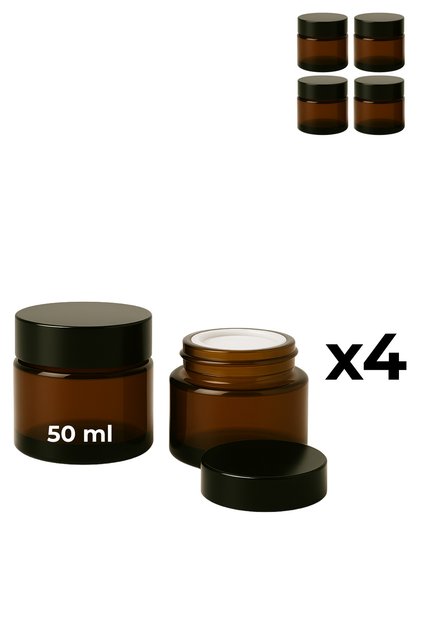 Set of 4 50 ml Amber Glass Cream Jars + Black Lids