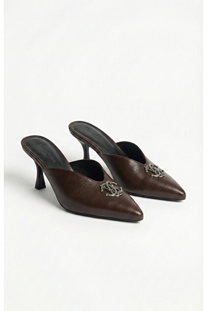 elvinshoes Lily kadın kahverengi topuklu mule terlik - Fiyatı