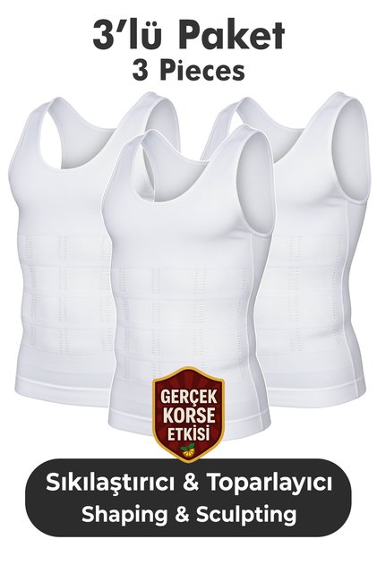 Men's Corset Undershirt 3-Pack – Waist, Chest and Abdomen Shaping / Sculpting , Supportive and Firming White
