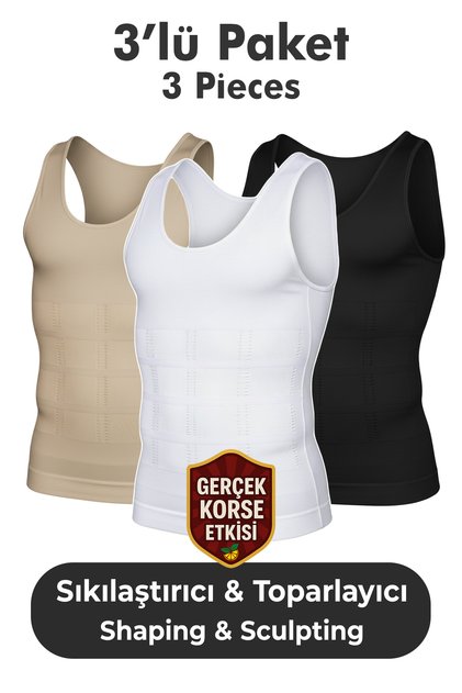 Men's Corset Undershirt 3-Pack – Waist, Chest and Abdomen Shaping / Sculpting , Supportive and Firming White