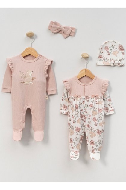 Squirrel Embroidered Floral Baby Girl Newborn Two-Piece Jumpsuit Set