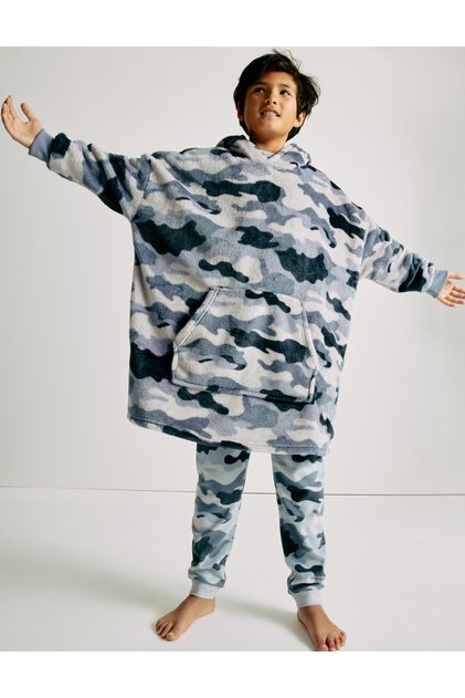 Kamuflaj Desenli Polar Kapüşonlu Oversize Hoodie (3-16 Yaş)