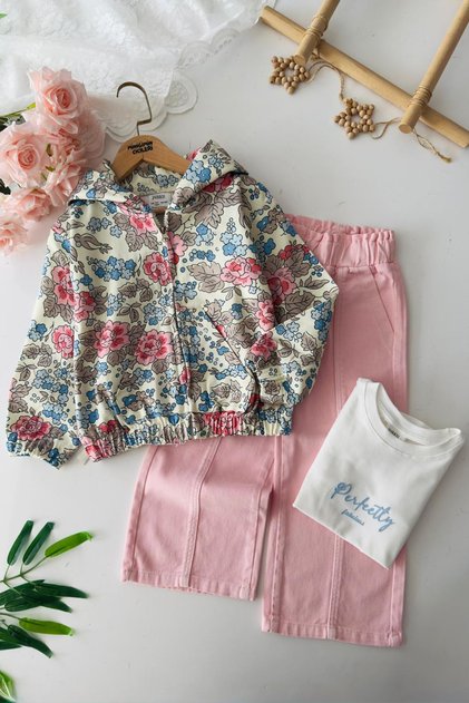 My Little One's Floral Cotton 3-Piece Jacket Set - Pink