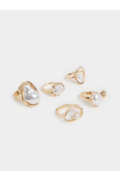 Pack of 5 - Gold-Tone Pearl Statement Rings