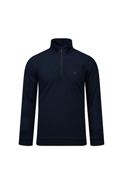 Navy Blue Regular Fit Half Turtleneck Zippered Sweatshirt