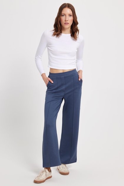 Kadın Relax Fit Rahat Kesim Modal Kumaş Yüksel Bel Geniş Paça İndigo Pantolon