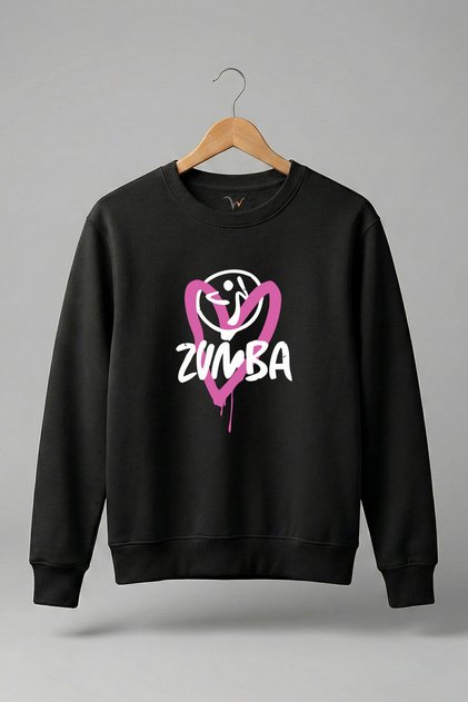 سويت شيرت Zumba Fitness Heart مطبوع مصنوع من القطن بنسبة 100%، ذو قصة عادية وياقة دائرية، 3 خيوط، سويت شيرت شتوي