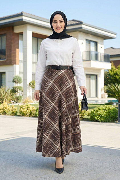 Women's Brown Patterned Belted Skirt
