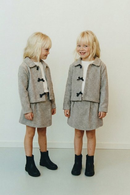 Girl's Cotton Black-White Textured Jacket and Skirt Set - 3-Piece Set Including T-Shirt