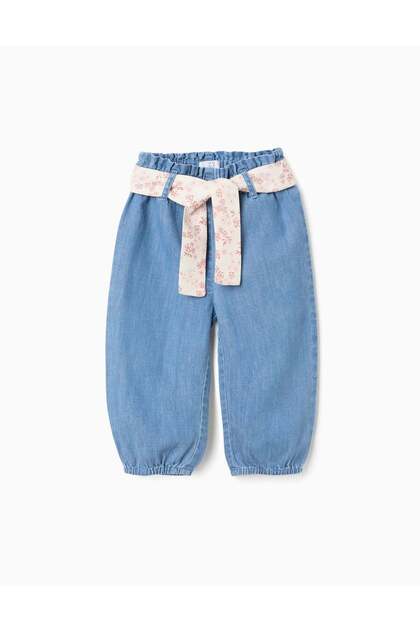 Denim paperbag trousers with floral belt for baby girls, blue