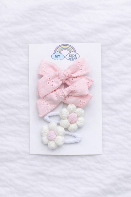 Girl's Handmade Pink Embroidery Bow & Knitted Flower Girl's Buckle Set (4 Pieces) 12363