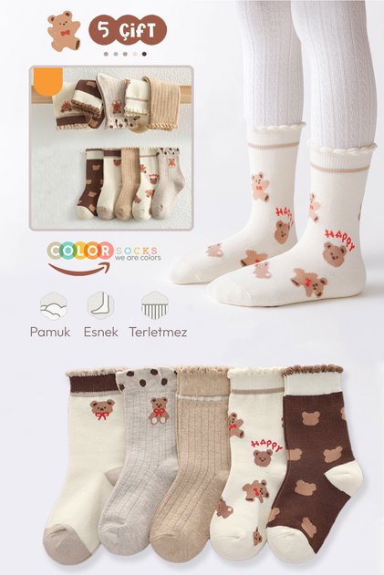 5 Çift Bear Desenli Kız Çocuk Çorap Seti (Extra Soft)
