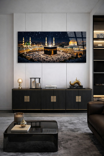 KIRILMAZ CAM DUVAR SAATİ , HEM TABLO HEM SAAT KÂBE GECE MANZARASI EV OFİS HEDİYESİ