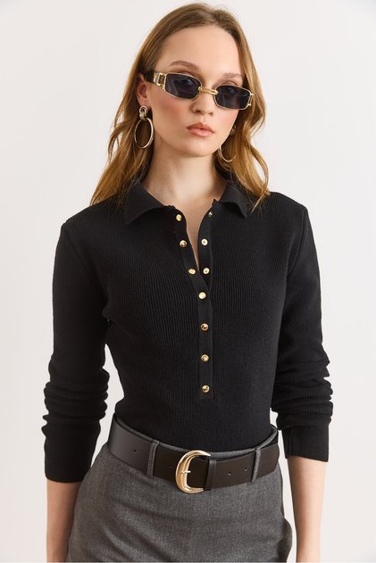 Women's Black Polo Collar Sweater with Snap Detail and Soft Texture Kzk-19001136