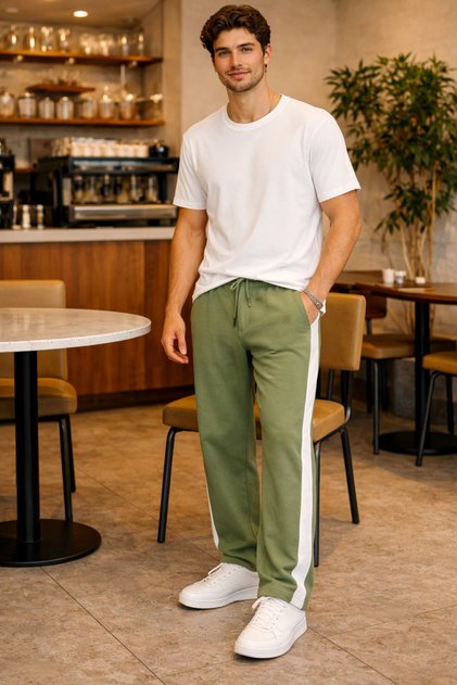 Erkek Haki Şeritli Eşofman Altı Bağcıklı Baggy Rahat Kesim Günlük Spor Pantolon