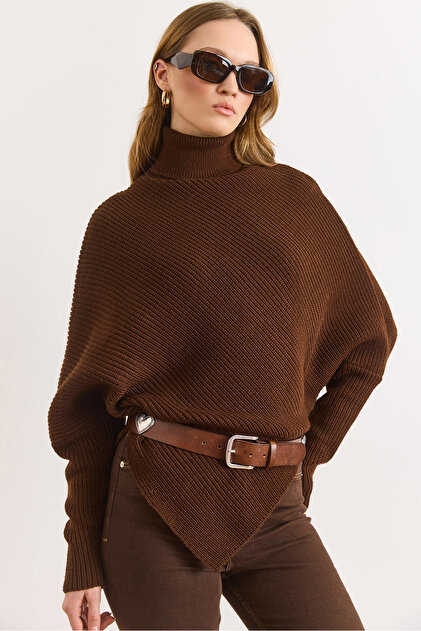 Women's Brown Turtleneck Asymmetrical Poncho Sweater Kzk-19001145
