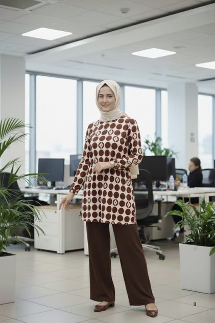 Brown Viscose Hakim Collar Slit Geometric Patterned Side Gathered Tunic