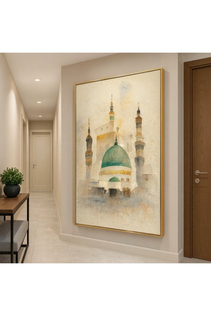 لوحة فنية راقية تجسد القبة الخضراء والمسجد النبوي الشريف بأسلوب watercolor ناعم ومفعم بالسكينة. الأ