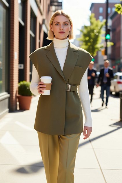 Women's Jacket Collar Woven Fabric Double-Breasted Oversized Vest Buckle Detailed Lined Regular Length Plus Size
