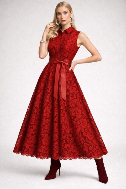 Midi Length Hidden Front Placket Stylish Lace Covered Dress Cou-40