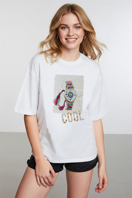 Women's White T-Shirt with Watch Figure and Cool Written