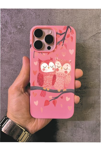 iPhone 13 Pro Max Compatible Pink Case with Sweet Owls Design