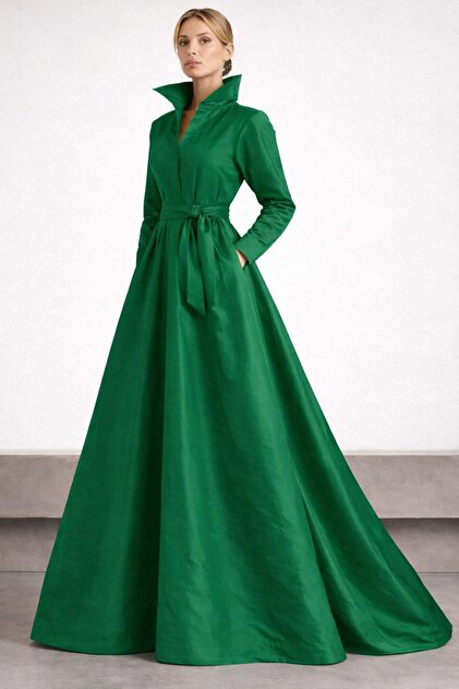 Mobile Belted & Pocket Detailed Maxi Length Taffeta Stylish Shirt Dress Cou-43